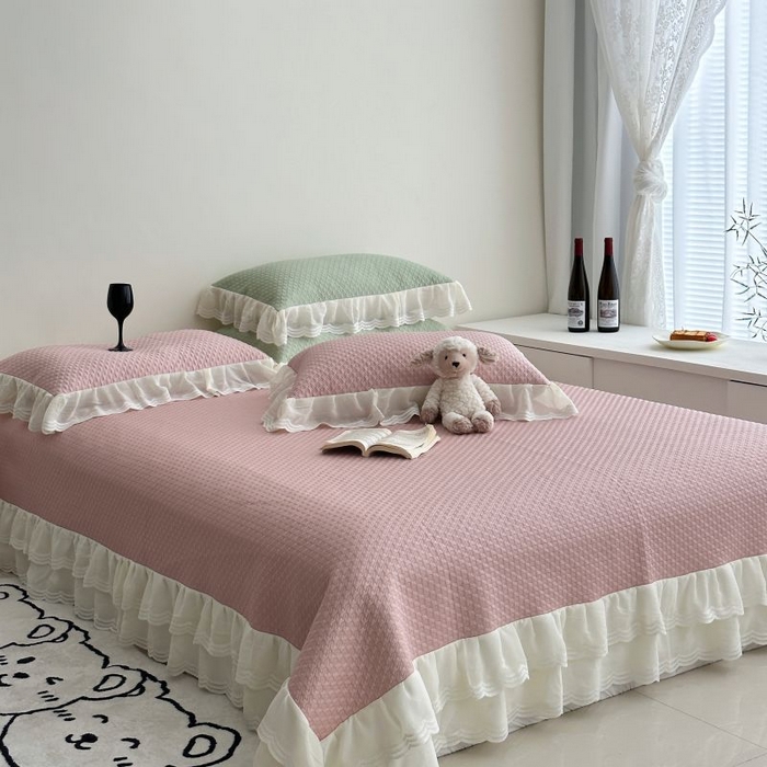 91家纺网 家纺一手货源 找家纺 佰织鑫家居 2025新款A类PE凉感豆复合凉豆豆软凉席三件套 温柔粉