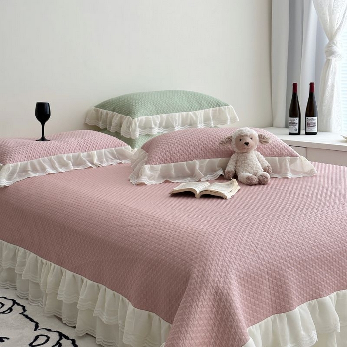 91家纺网 家纺一手货源 找家纺 佰织鑫家居 2025新款A类PE凉感豆复合凉豆豆软凉席三件套 温柔粉