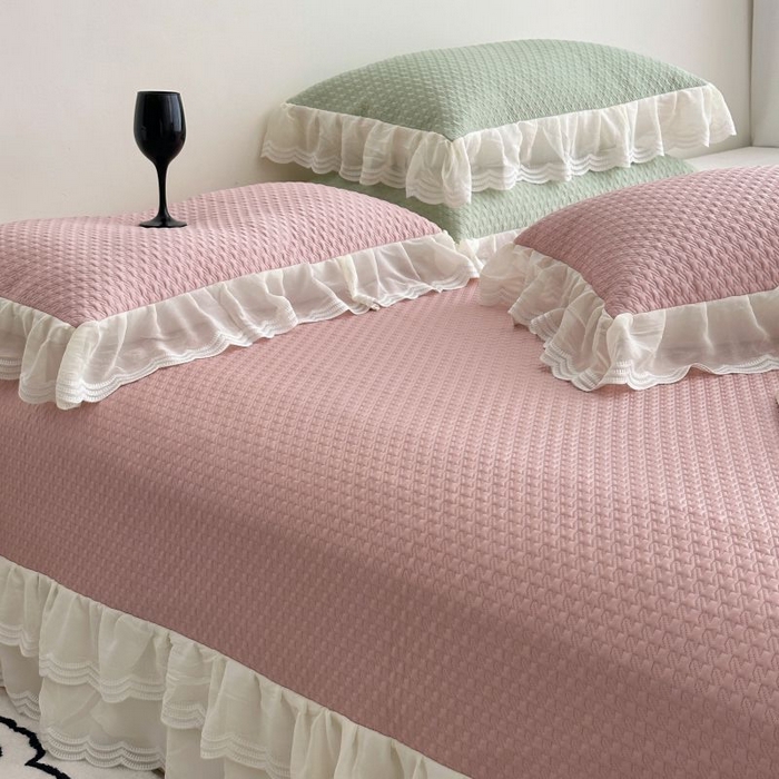 91家纺网 家纺一手货源 找家纺 佰织鑫家居 2025新款A类PE凉感豆复合凉豆豆软凉席三件套 温柔粉