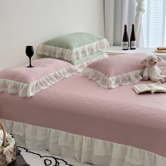 91家纺网 家纺一手货源 找家纺 佰织鑫家居 2025新款A类PE凉感豆复合凉豆豆软凉席三件套 温柔粉