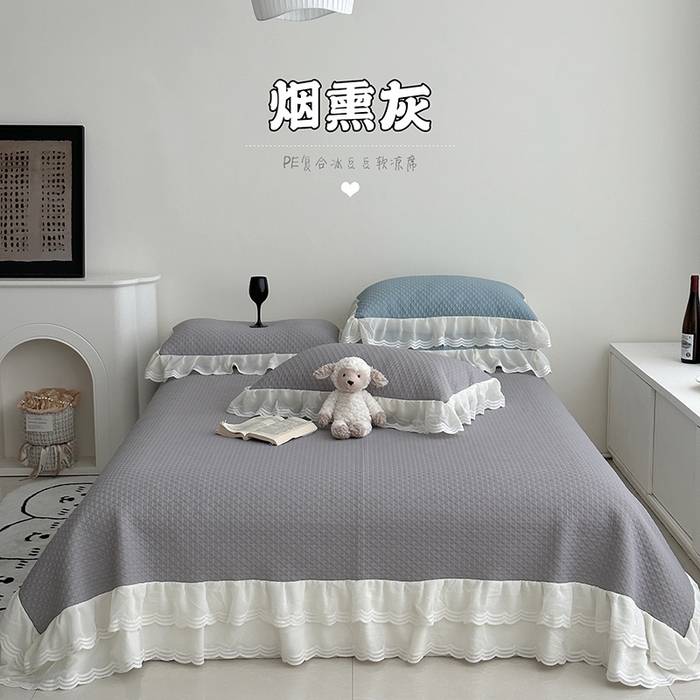 91家纺网 家纺一手货源 找家纺 佰织鑫家居 2025新款A类PE凉感豆复合凉豆豆软凉席三件套 烟熏灰