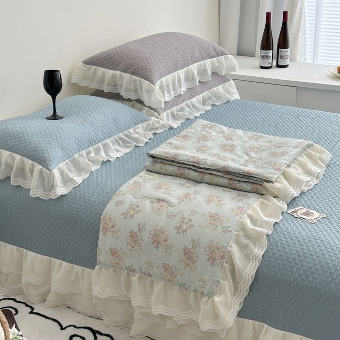 91家纺网 家纺一手货源 找家纺 佰织鑫家居 2025新款A类PE凉感豆复合凉豆豆软凉席三件套 春田蓝