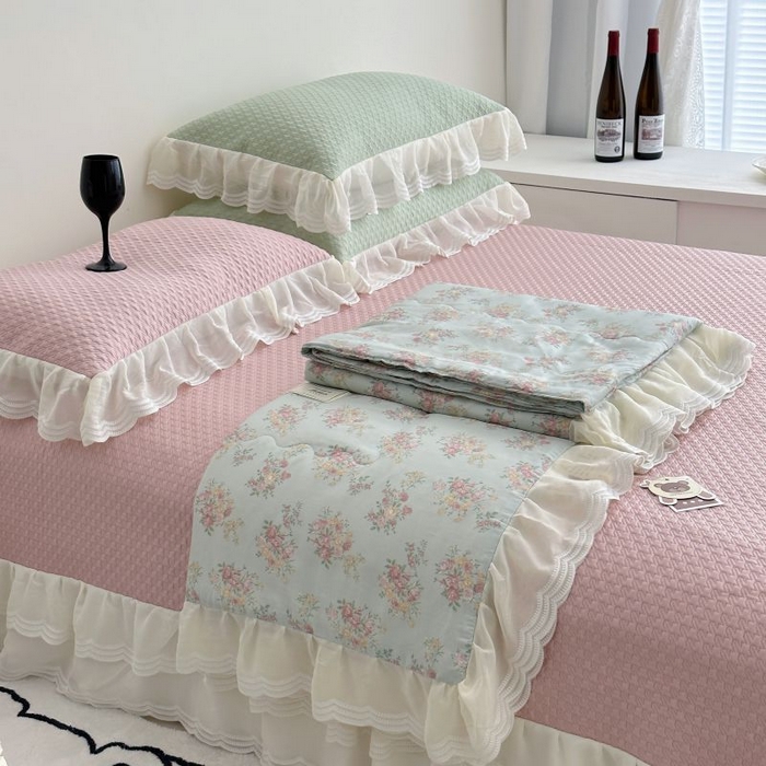 91家纺网 家纺一手货源 找家纺 佰织鑫家居 2025新款A类PE凉感豆复合凉豆豆软凉席三件套 春田蓝