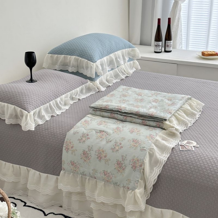 91家纺网 家纺一手货源 找家纺 佰织鑫家居 2025新款A类PE凉感豆复合凉豆豆软凉席三件套 春田蓝