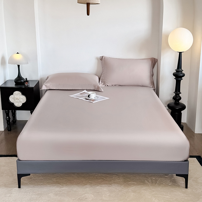 91家纺网 家纺一手货源 找家纺 金喜 2025新款LF级60支莱赛尔天丝床笠三件套纯色天丝床笠 冰莓粉