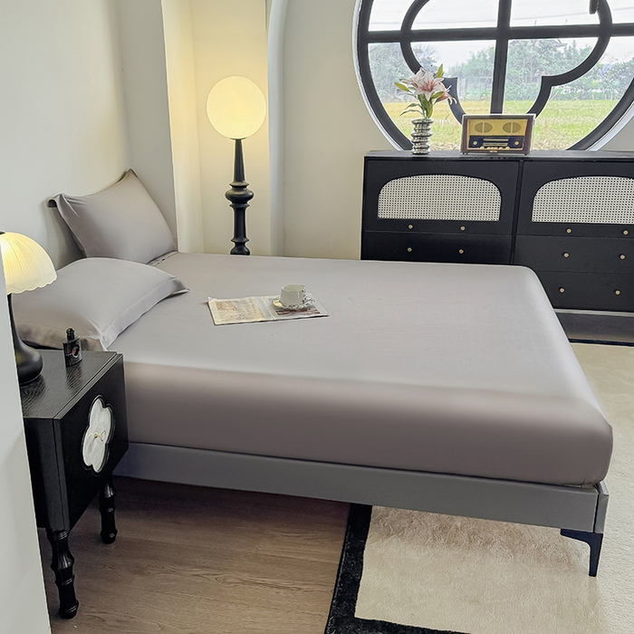 91家纺网 家纺一手货源 找家纺 金喜 2025新款LF级60支莱赛尔天丝床笠三件套纯色天丝床笠 都市灰