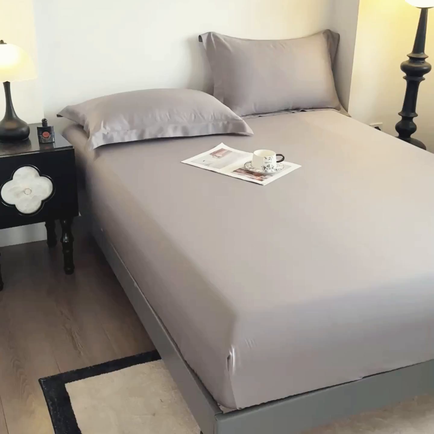 91家纺网 家纺一手货源 找家纺 金喜 2025新款LF级60支莱赛尔天丝床笠三件套纯色天丝床笠 都市灰