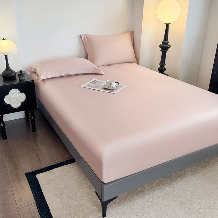 91家纺网 家纺一手货源 找家纺 金喜 2025新款LF级60支莱赛尔天丝床笠三件套纯色天丝床笠 焦糖粉