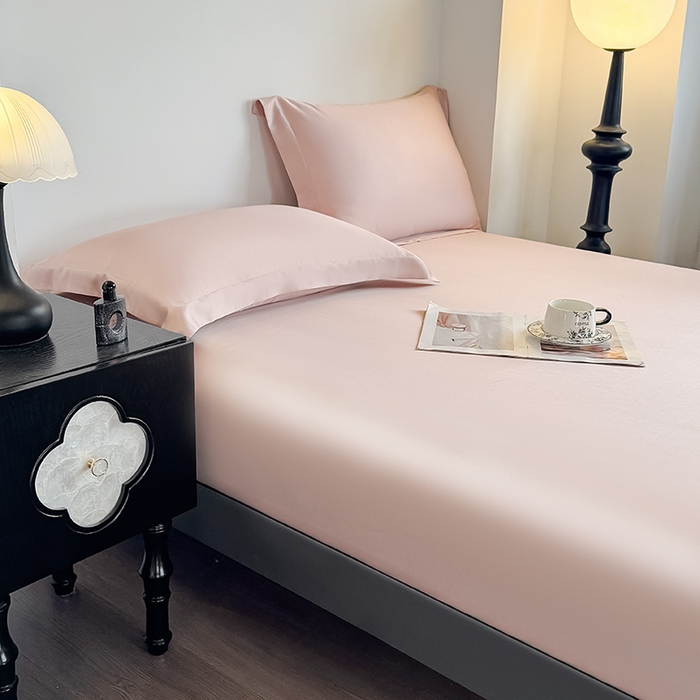 91家纺网 家纺一手货源 找家纺 金喜 2025新款LF级60支莱赛尔天丝床笠三件套纯色天丝床笠 焦糖粉