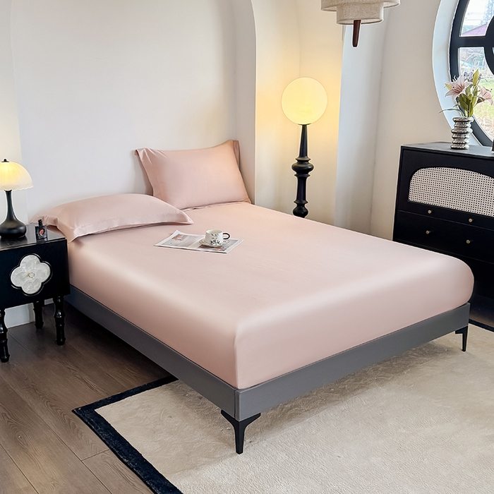 91家纺网 家纺一手货源 找家纺 金喜 2025新款LF级60支莱赛尔天丝床笠三件套纯色天丝床笠 焦糖粉