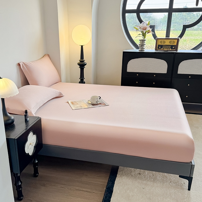 91家纺网 家纺一手货源 找家纺 金喜 2025新款LF级60支莱赛尔天丝床笠三件套纯色天丝床笠 焦糖粉