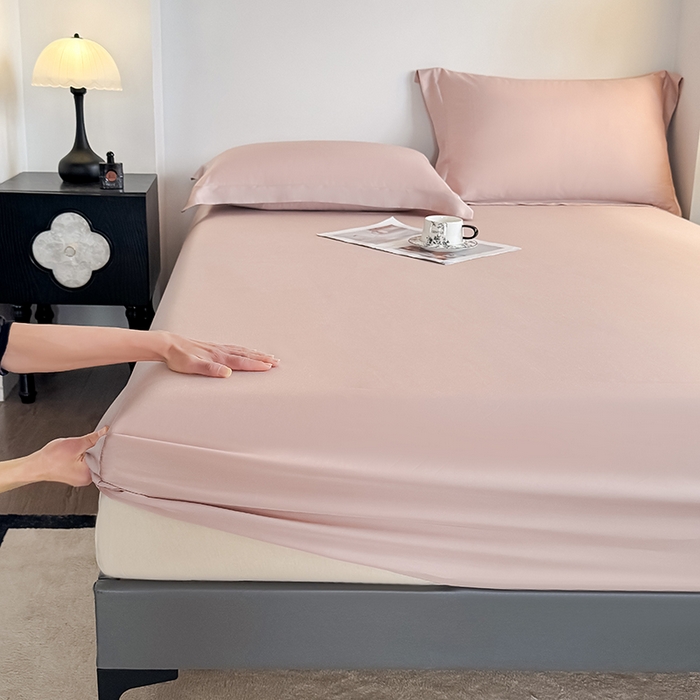 91家纺网 家纺一手货源 找家纺 金喜 2025新款LF级60支莱赛尔天丝床笠三件套纯色天丝床笠 焦糖粉