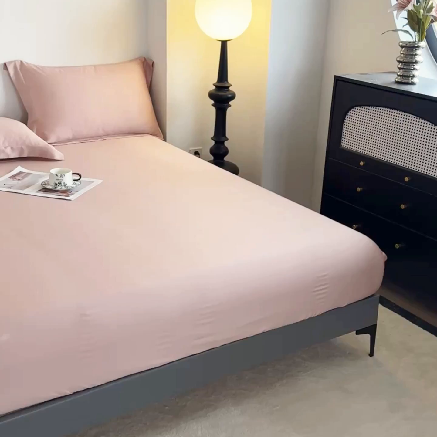 91家纺网 家纺一手货源 找家纺 金喜 2025新款LF级60支莱赛尔天丝床笠三件套纯色天丝床笠 焦糖粉