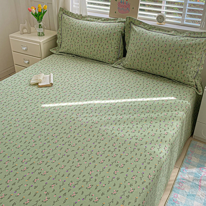 91家纺网 家纺一手货源 找家纺 忆生活家纺 2025新款全棉纯棉老粗布印花床单三件套 春意-绿