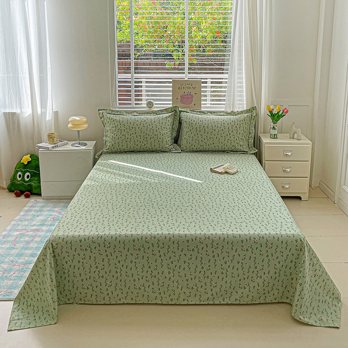 91家纺网 家纺一手货源 找家纺 忆生活家纺 2025新款全棉纯棉老粗布印花床单三件套 春意-绿