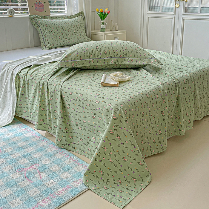 91家纺网 家纺一手货源 找家纺 忆生活家纺 2025新款全棉纯棉老粗布印花床单三件套 春意-绿