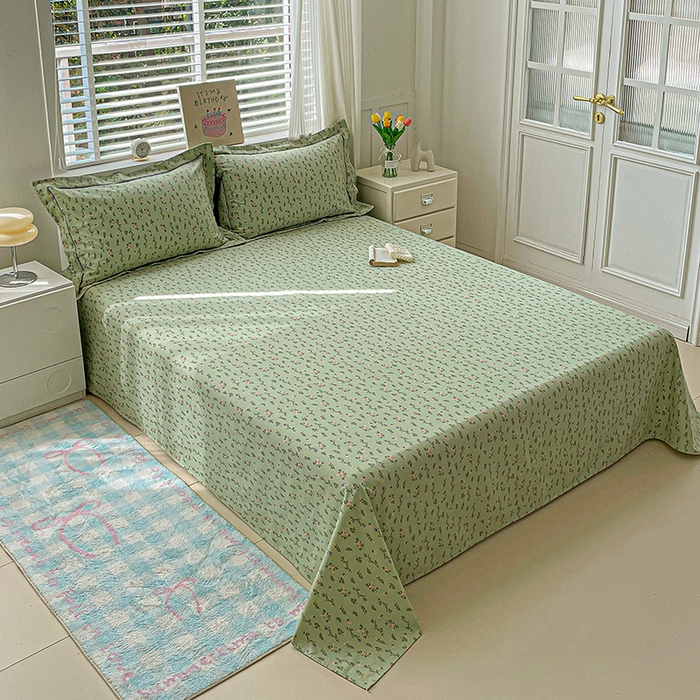 91家纺网 家纺一手货源 找家纺 忆生活家纺 2025新款全棉纯棉老粗布印花床单三件套 春意-绿