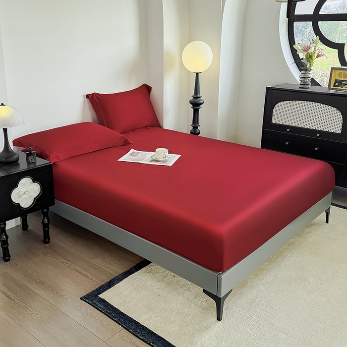 91家纺网 家纺一手货源 找家纺 金喜 2025新款LF级60支莱赛尔天丝床笠三件套纯色天丝床笠 拉菲红