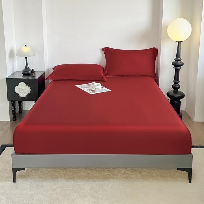 91家纺网 家纺一手货源 找家纺 金喜 2025新款LF级60支莱赛尔天丝床笠三件套纯色天丝床笠 拉菲红