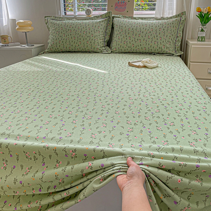 91家纺网 家纺一手货源 找家纺 忆生活家纺 2025新款全棉纯棉老粗布印花床单三件套 春意-绿