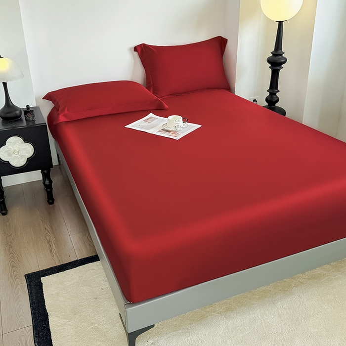 91家纺网 家纺一手货源 找家纺 金喜 2025新款LF级60支莱赛尔天丝床笠三件套纯色天丝床笠 拉菲红