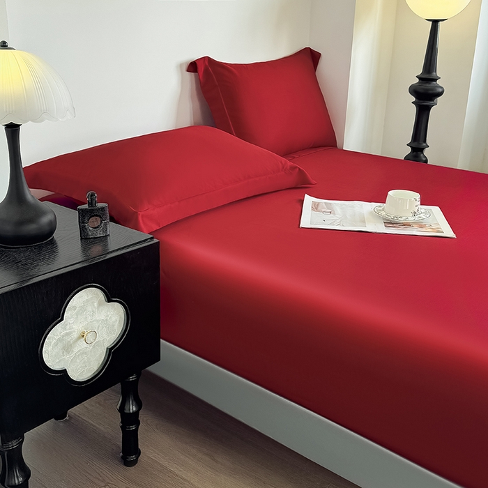 91家纺网 家纺一手货源 找家纺 金喜 2025新款LF级60支莱赛尔天丝床笠三件套纯色天丝床笠 拉菲红