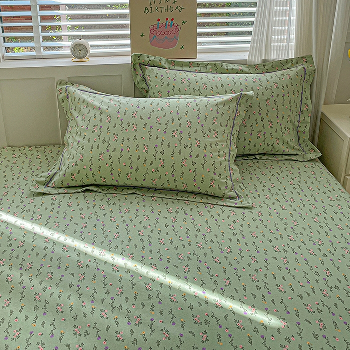 91家纺网 家纺一手货源 找家纺 忆生活家纺 2025新款全棉纯棉老粗布印花床单三件套 春意-绿