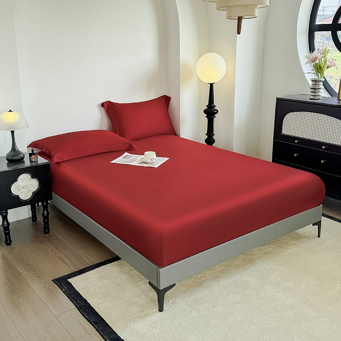 91家纺网 家纺一手货源 找家纺 金喜 2025新款LF级60支莱赛尔天丝床笠三件套纯色天丝床笠 拉菲红