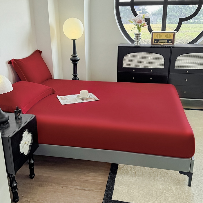 91家纺网 家纺一手货源 找家纺 金喜 2025新款LF级60支莱赛尔天丝床笠三件套纯色天丝床笠 拉菲红