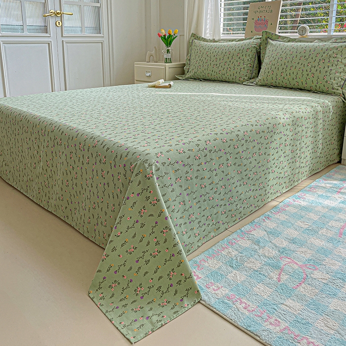 91家纺网 家纺一手货源 找家纺 忆生活家纺 2025新款全棉纯棉老粗布印花床单三件套 春意-绿