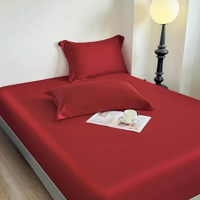 91家纺网 家纺一手货源 找家纺 金喜 2025新款LF级60支莱赛尔天丝床笠三件套纯色天丝床笠 拉菲红