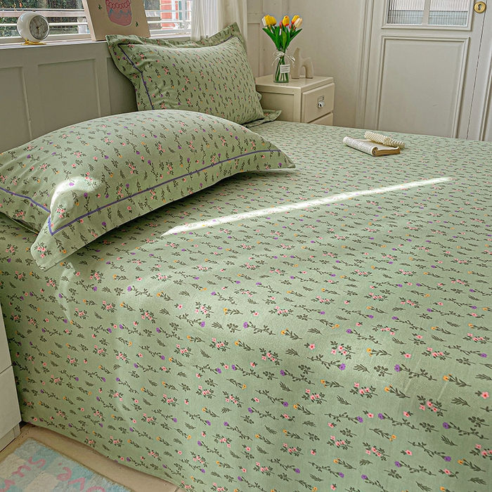 91家纺网 家纺一手货源 找家纺 忆生活家纺 2025新款全棉纯棉老粗布印花床单三件套 春意-绿