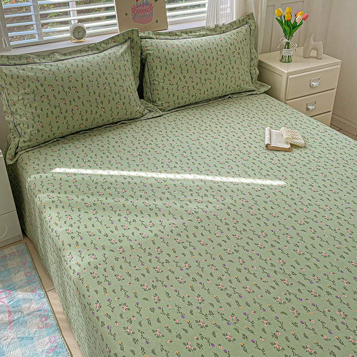 91家纺网 家纺一手货源 找家纺 忆生活家纺 2025新款全棉纯棉老粗布印花床单三件套 春意-绿