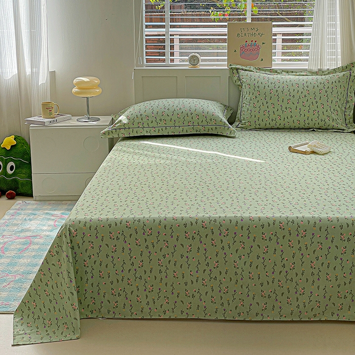 91家纺网 家纺一手货源 找家纺 忆生活家纺 2025新款全棉纯棉老粗布印花床单三件套 春意-绿