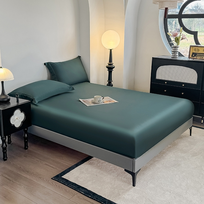 91家纺网 家纺一手货源 找家纺 金喜 2025新款LF级60支莱赛尔天丝床笠三件套纯色天丝床笠 曼岛绿