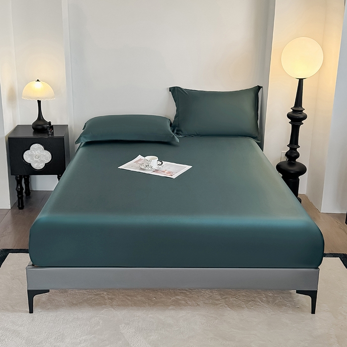 91家纺网 家纺一手货源 找家纺 金喜 2025新款LF级60支莱赛尔天丝床笠三件套纯色天丝床笠 曼岛绿