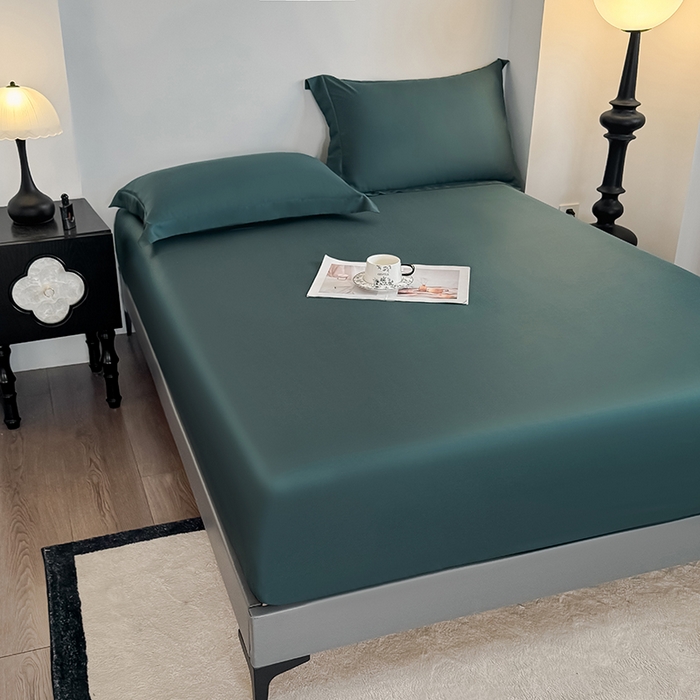 91家纺网 家纺一手货源 找家纺 金喜 2025新款LF级60支莱赛尔天丝床笠三件套纯色天丝床笠 曼岛绿