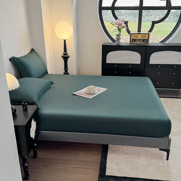 91家纺网 家纺一手货源 找家纺 金喜 2025新款LF级60支莱赛尔天丝床笠三件套纯色天丝床笠 曼岛绿