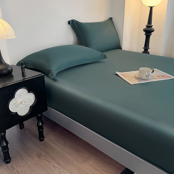 91家纺网 家纺一手货源 找家纺 金喜 2025新款LF级60支莱赛尔天丝床笠三件套纯色天丝床笠 曼岛绿