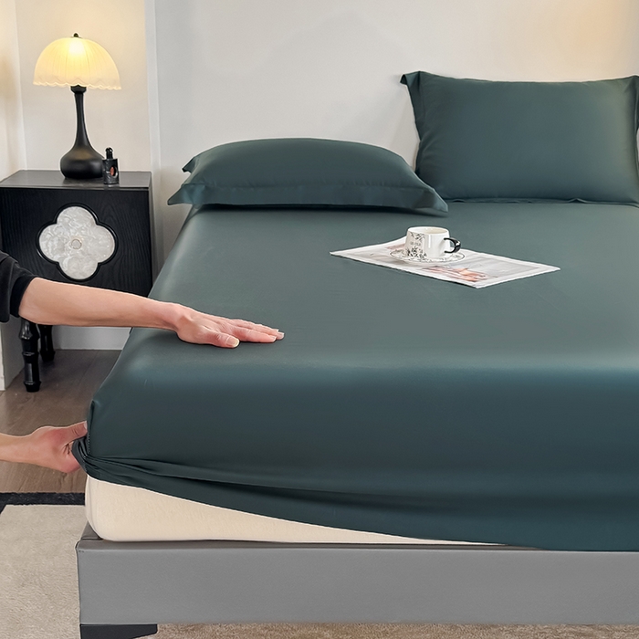 91家纺网 家纺一手货源 找家纺 金喜 2025新款LF级60支莱赛尔天丝床笠三件套纯色天丝床笠 曼岛绿