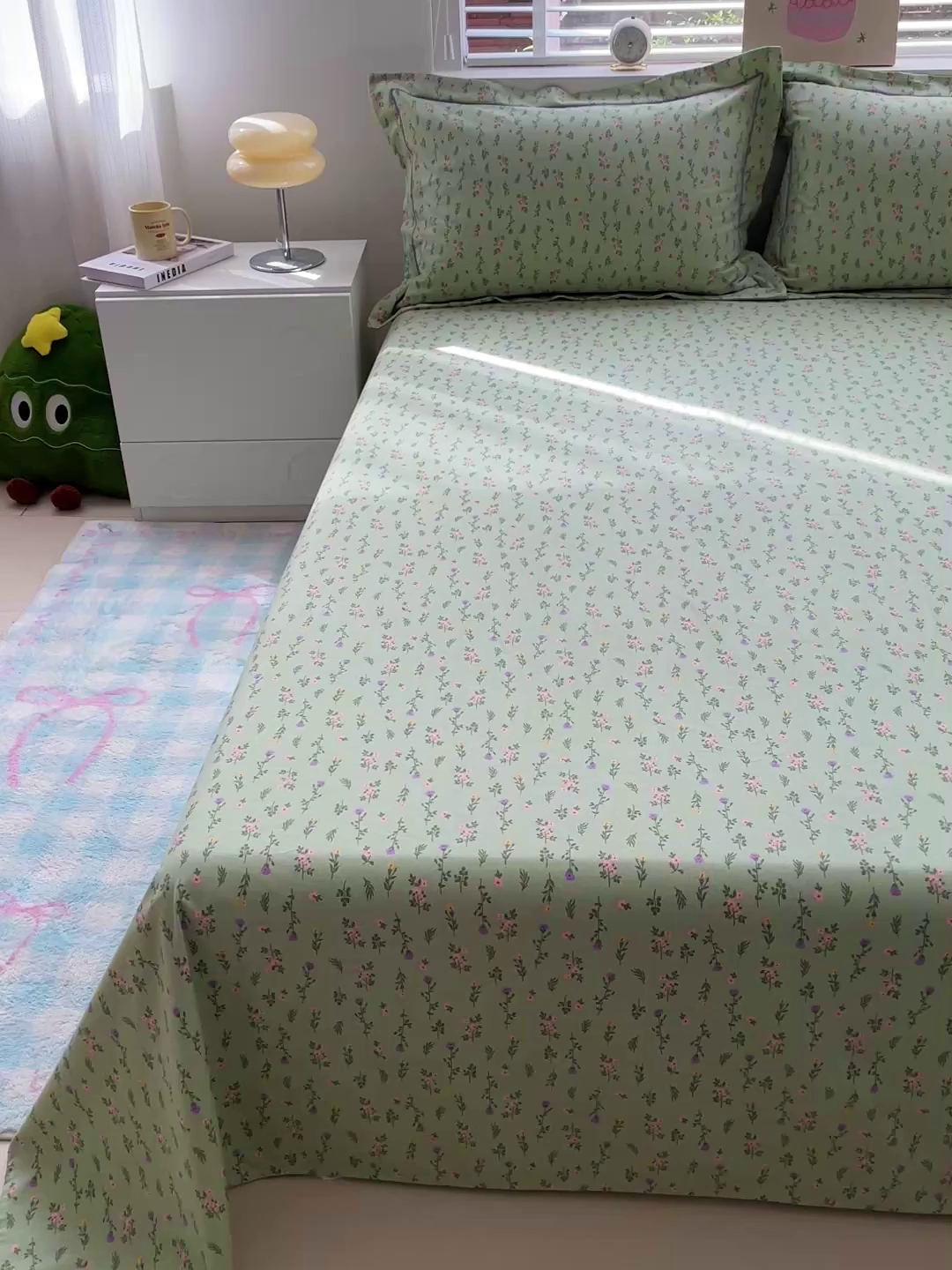 91家纺网 家纺一手货源 找家纺 忆生活家纺 2025新款全棉纯棉老粗布印花床单三件套 春意-绿