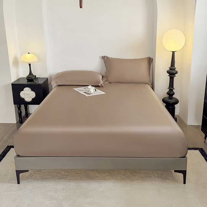 91家纺网 家纺一手货源 找家纺 金喜 2025新款LF级60支莱赛尔天丝床笠三件套纯色天丝床笠 拿铁