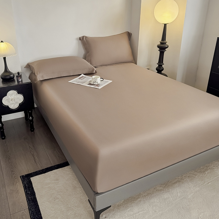 91家纺网 家纺一手货源 找家纺 金喜 2025新款LF级60支莱赛尔天丝床笠三件套纯色天丝床笠 拿铁