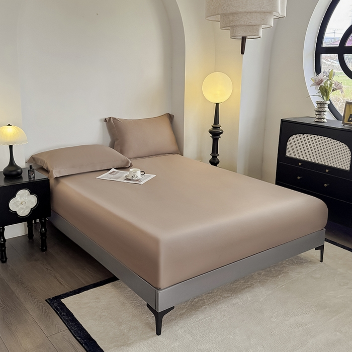 91家纺网 家纺一手货源 找家纺 金喜 2025新款LF级60支莱赛尔天丝床笠三件套纯色天丝床笠 拿铁