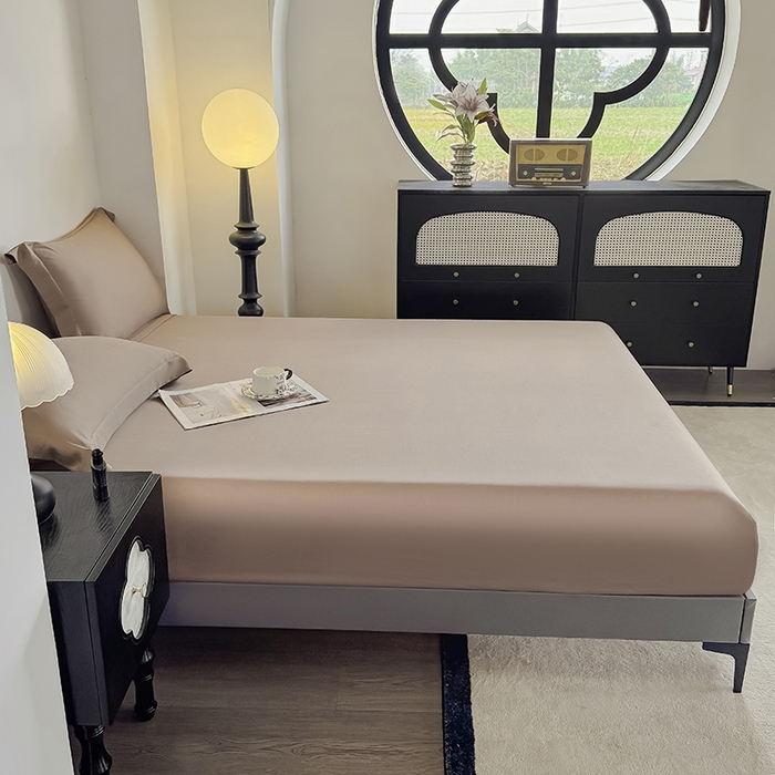 91家纺网 家纺一手货源 找家纺 金喜 2025新款LF级60支莱赛尔天丝床笠三件套纯色天丝床笠 拿铁