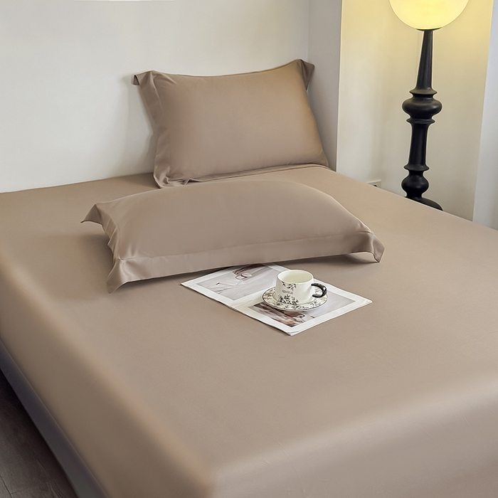 91家纺网 家纺一手货源 找家纺 金喜 2025新款LF级60支莱赛尔天丝床笠三件套纯色天丝床笠 拿铁