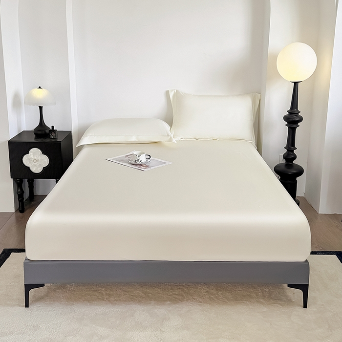 91家纺网 家纺一手货源 找家纺 金喜 2025新款LF级60支莱赛尔天丝床笠三件套纯色天丝床笠 奶昔米