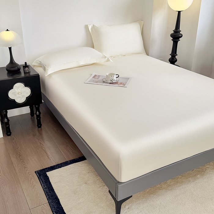 91家纺网 家纺一手货源 找家纺 金喜 2025新款LF级60支莱赛尔天丝床笠三件套纯色天丝床笠 奶昔米