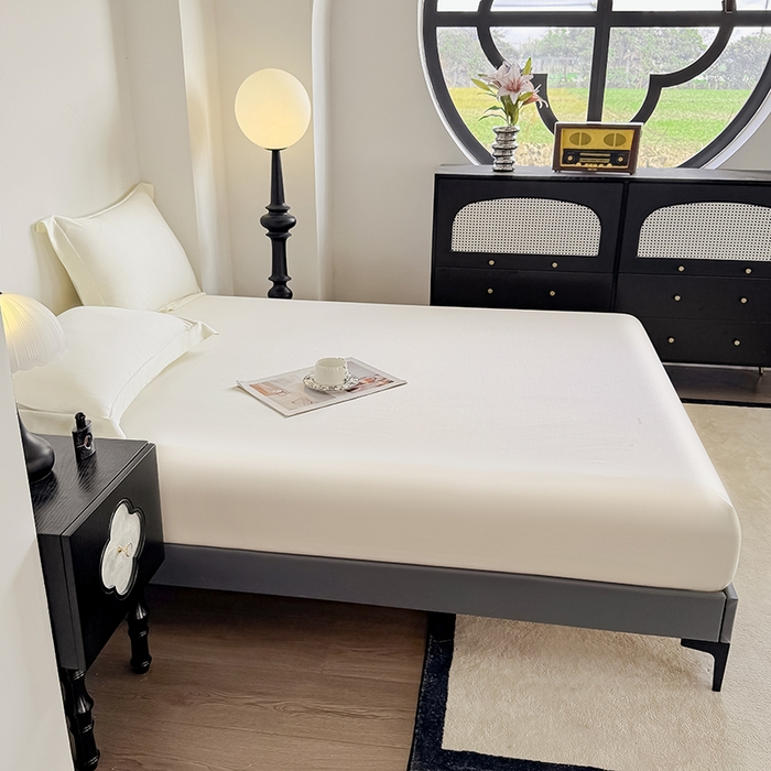 91家纺网 家纺一手货源 找家纺 金喜 2025新款LF级60支莱赛尔天丝床笠三件套纯色天丝床笠 奶昔米