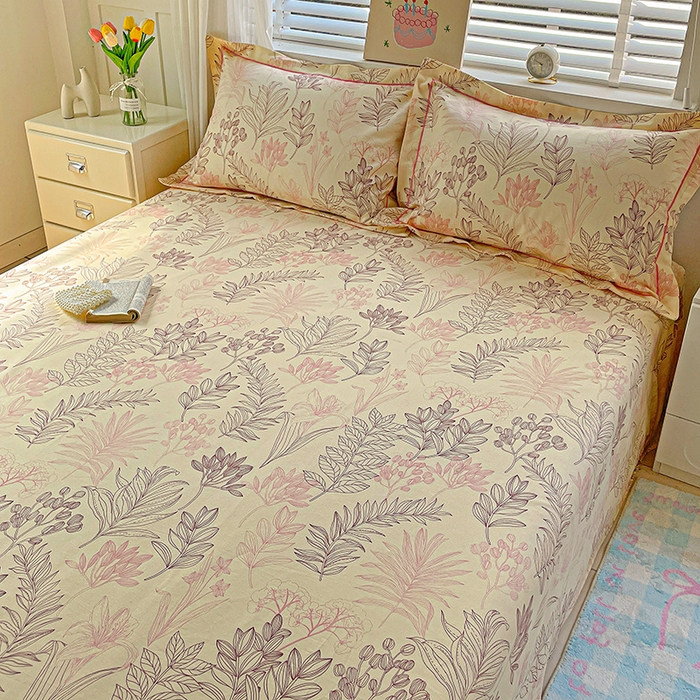 91家纺网 家纺一手货源 找家纺 忆生活家纺 2025新款全棉纯棉老粗布印花床单三件套 繁花-粉